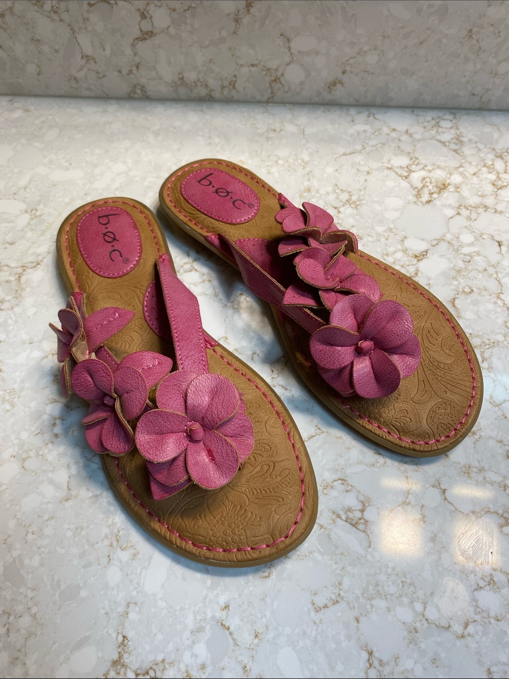 b.o.c. Pink Floral Leather Slide Sandals with Flower Appliqués